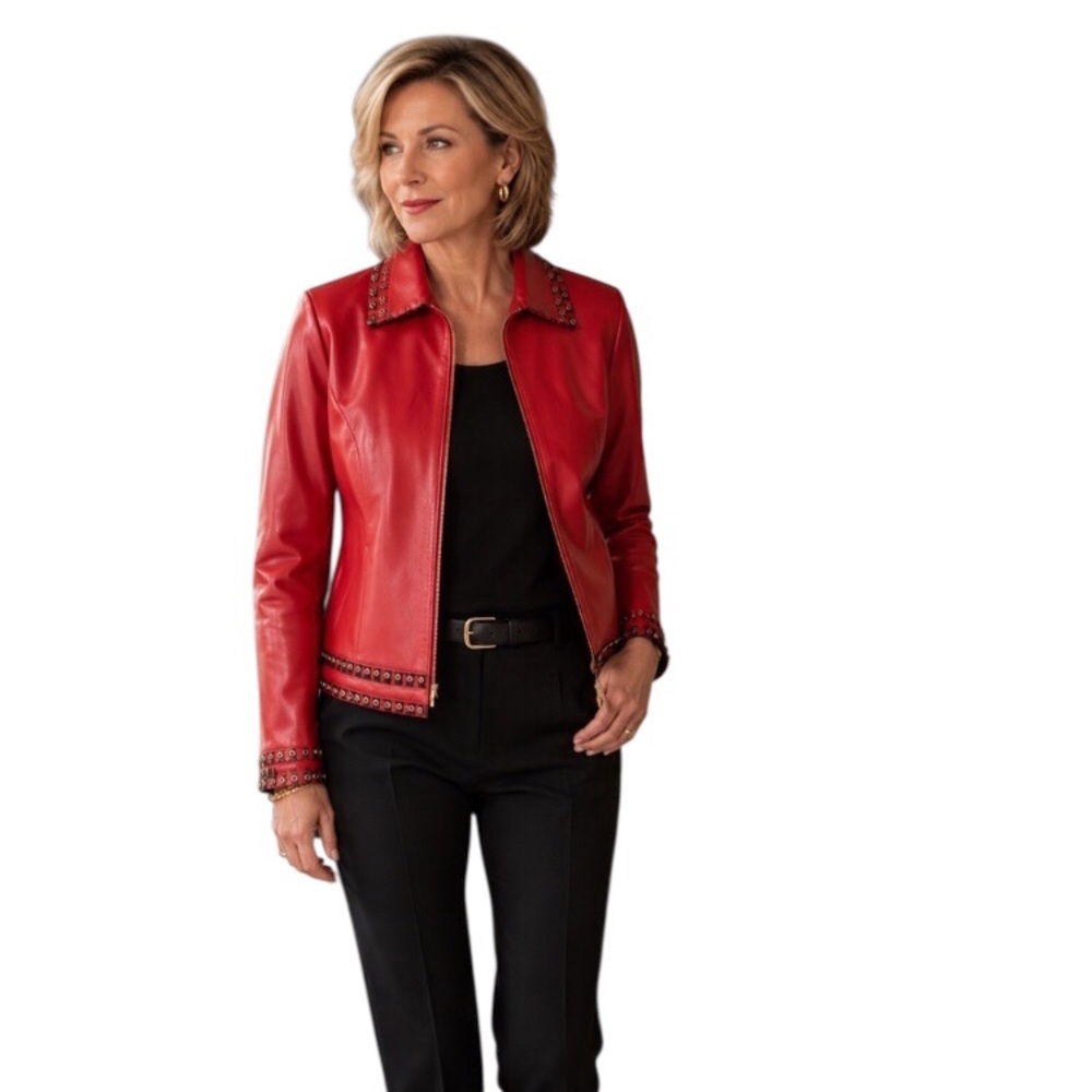 HP🎉 St John Sport by Marie Grey 100% Red Leather Grommet Full Zip Jacket Sz P